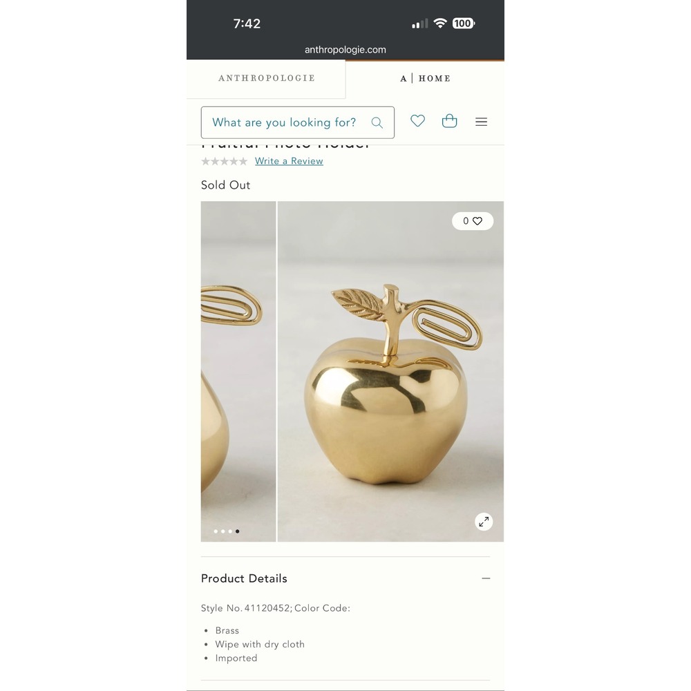 Anthropologie Brass Fruitful Apple Photo Holder